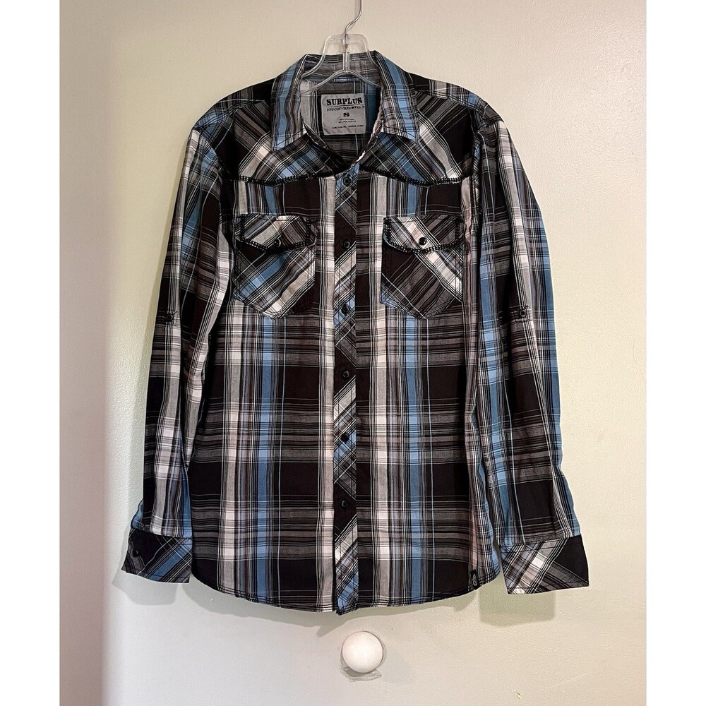 SURPLUS by Fame Jeans Inc. Men's sz S Button Down Plaid Western Gray Black Shirt